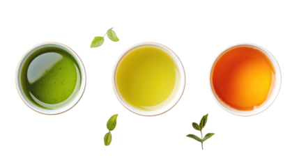 Three Japanese Drinks Including Green Tea, Yuzu Juice, and Barley Tea on transparent background