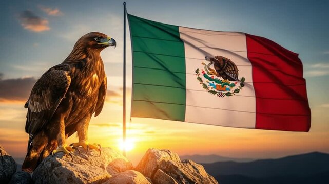 Majestic Golden Eagle with Mexican Flag during Sunset in Scenic Landscape