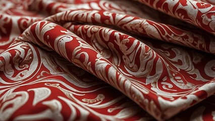 Cinematic Macro Photography Showing Intricate Red and White Batik Patterns and Fabric Fibers