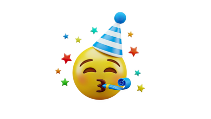 3D Birthday Emoji with Party Hat and Blowout on transparent background
