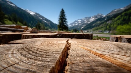 Stacked cut logs display intricate growth rings against a backdrop of towering mountains and clear sky