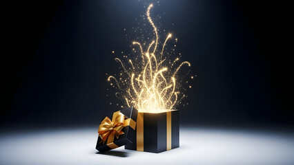 A black gift box with gold ribbon and sparkles on top exploding