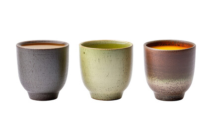 Three Japanese Hot Beverages with Hojicha, Green Tea, and Ginger on transparent background