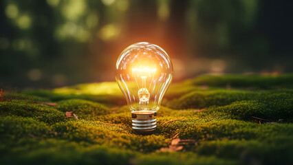 Glowing light bulb on green moss in forest with natural sunlight and blurred background
