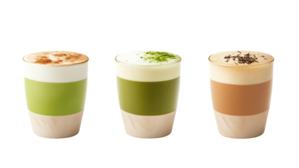 Three Japanese Hot Drinks with Matcha, Ginger Tea, and Roasted Tea on transparent background