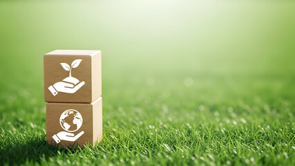 Two wooden blocks with eco friendly symbols on green grass outdoors