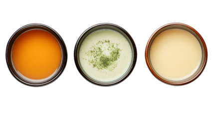Three Japanese Hot Winter Drinks with Green Tea, Ginger Tea, and Amazake on transparent background