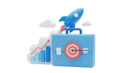 3D Business growth concept: briefcase, rocket, target and chart on transparent background