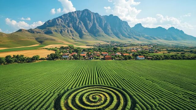 Stunning aerial view of a spiral crop field with mountains in the background.