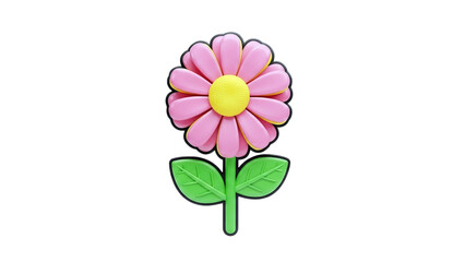 3D Pink flower with yellow center and green leaves on transparent background