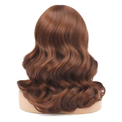 Fototapeta premium Voluminous chestnut brown wavy wig on a light beige mannequin head vactor hair auburn