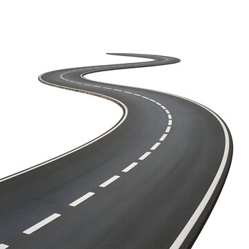 Winding asphalt road with vactor white dashed and solid lines on white background highway