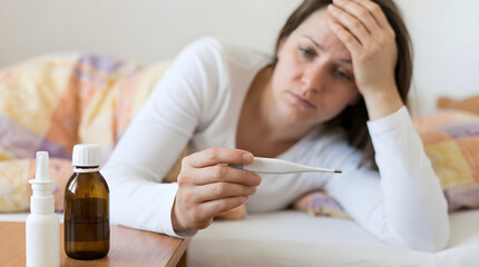 A woman lies in bed, looking unwell and holding a thermometer. Beside her are a bottle of medicine and a nasal spray.
