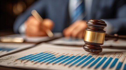 Wooden gavel rests on financial report while a formally dressed person writes in the background
