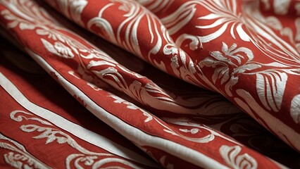 Professional Macro Textile Photography of Elegant Red and White Batik Patterns in Cinematic Style