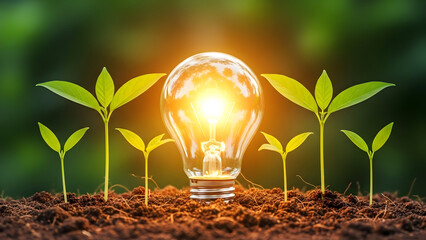 Sprouting seedlings growing around a glowing light bulb on soil with blurry green background