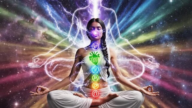 P264-Illustration of human meditating spirituality astral body with light rays and chakra activation m 4K 10s