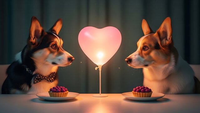 Two Corgis Enjoying a Romantic Valentines Day Dinner with Cupcakes and a Heart Balloon.