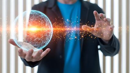 Businessman holding glowing crystal ball with light beam and particles