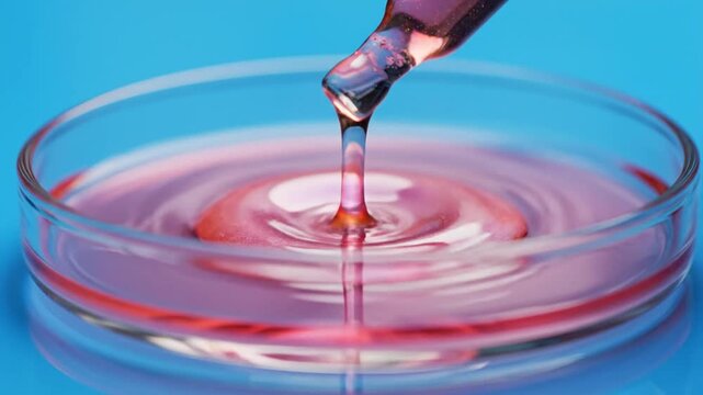 P260-Pipette with sample of cosmetic product in petri dish on blue background selective focus 4K 10s