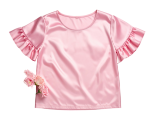 Pink satin blouse, ruffled short sleeves, with rose accent
