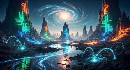 Glowing fantasy landscape with water.