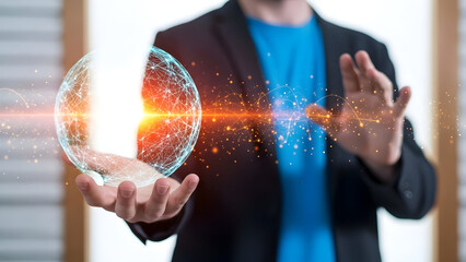 Businessman in blue shirt and black blazer holding glowing orb with particles and light effect