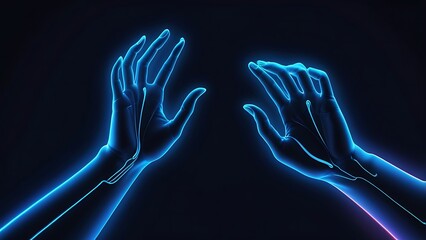 Cinematic abstract neon line art hands on deep blue futuristic background