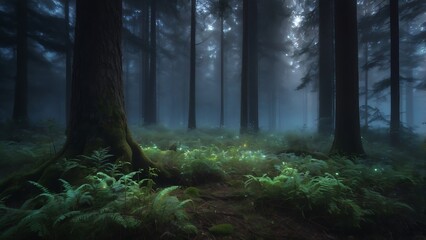 Ultra Realistic Cinematic Forest Scene with Glowing Bioluminescent Light Particles in Misty Twilight