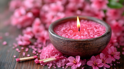 Pink flowers and burning candles create a soft and relaxing mood on a pink surface