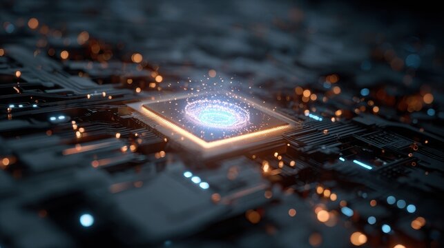 Close-up of a glowing central processing unit (CPU) on a circuit board with abstract blue and orange light effects - Powered by Adobe