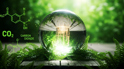 A crystal ball with a green world inside surrounded by ferns and molecular structures of carbon dioxide on a wooden surface