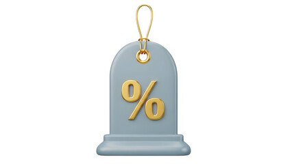A blue tombstone shaped christmas ornament with a gold percent sign on it hanging from a chain isolated on white background