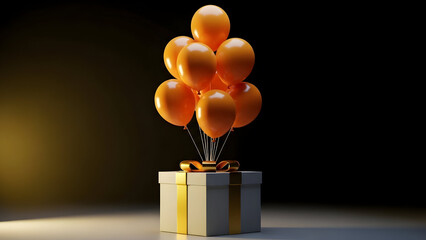 A beautifully wrapped gift box with a bunch of orange balloons tied to it on a dark background