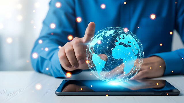 Businessman interacting with a digital globe on a tablet device with glowing network connections - Powered by Adobe
