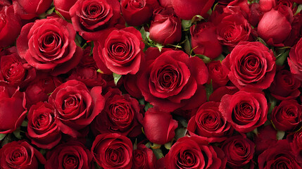 Obraz premium Natural fresh red roses flowers pattern wallpaper. top view, Red rose flower wall background.