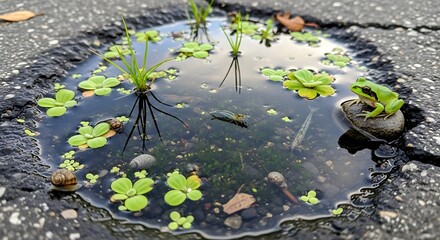 Naklejka premium Puddle with Water Lilies on Asphalt.