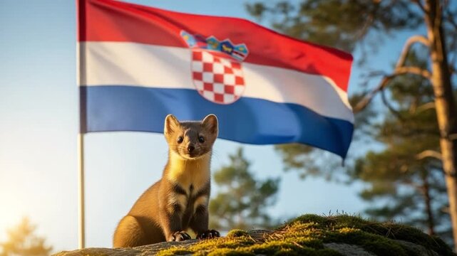 Marten in Front of Croatian Flag on Rocky Terrain with Natural Background