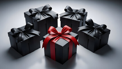 Five black gift boxes with ribbons on a gradient gray background