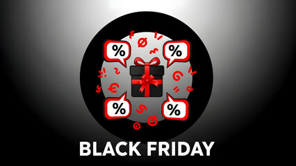 Black friday sale shopping discount concept with red percent signs and a gift box on a gray and black background
