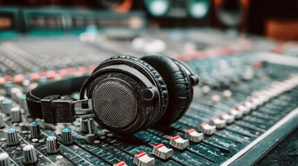Over ear headphones rest upon a complex audio mixing console with multiple faders and knobs