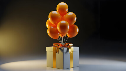 A 3d rendering of a gift box with orange balloons tied to it on a dark background with a spotlight shining on the gift