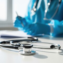 Professional stethoscope close-up on white surface, blurred medical professional