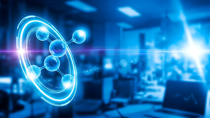 Futuristic laboratory with glowing blue molecular structure in foreground