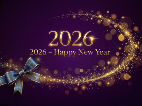2026 &ndash; Frohes Neues Jahr mit Gold Glitzer, Bokeh und eleganter Schleife auf festlichem lila Hintergrund