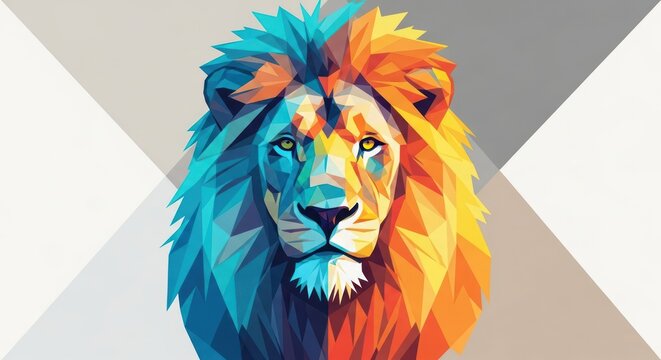 Polygonal lion portrait with vibrant colors and geometric shapes. - Powered by Adobe