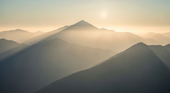 Mountain range with misty sunrise. - Powered by Adobe