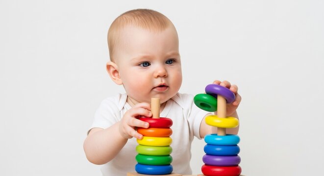 明るい白い背景に浮かび上がる愛らしい赤ちゃんが色とりどりの知育玩具を幼い両手で丁寧に積み重ね集中力と手指の巧緻性を高めながら知的好奇心旺盛な幼児期の発達段階を美しく描写する決定的な瞬間. AI Generated