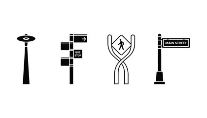 Art & IllustratUrban street furniture silhouettes including direction signs bus stop and pedestrian crossing vector.ion