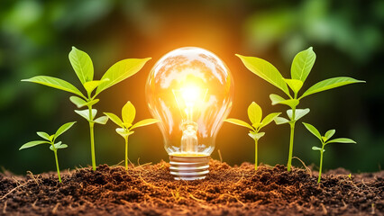A glowing light bulb surrounded by small green plants growing in soil with a blurred green background representing eco friendly ideas
